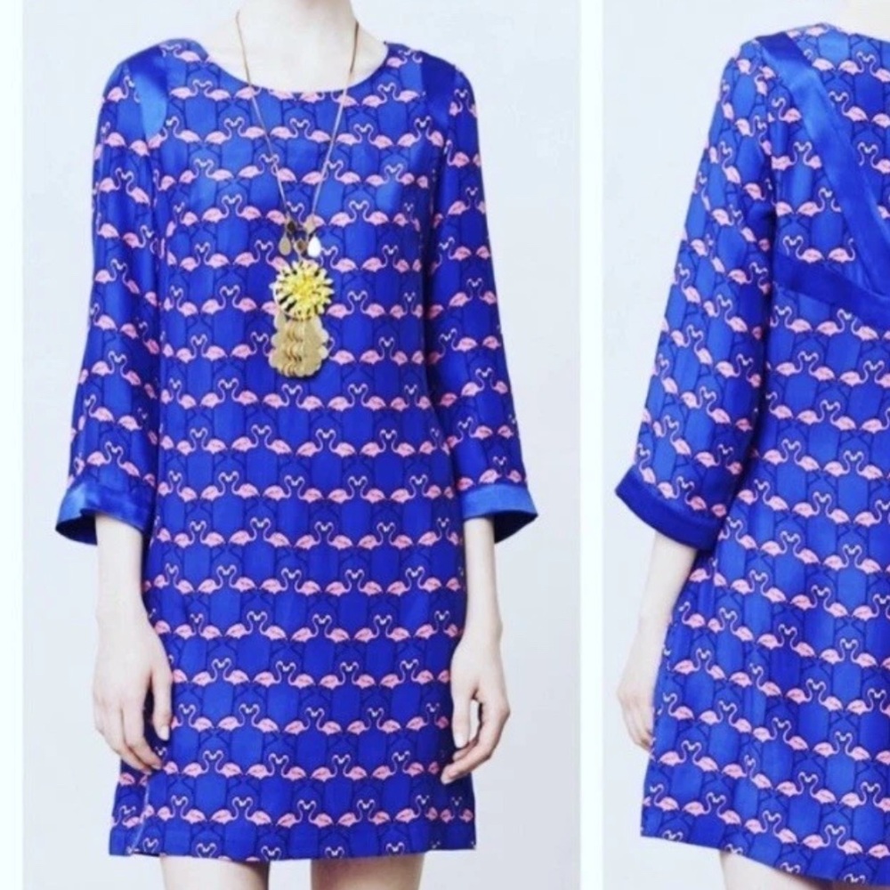 Anthropologie Pink Flamingo Blue Silk Shift Dress with Cuffed 3/4 Sleeves